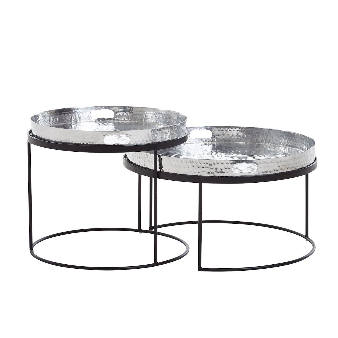 Couchtisch 2er Set Silber / Schwarz Metall Hammerschlag Satztisch Rund, Sofatisch abnehmbares Tablett, Tabletttisch Sofa 2 teilig Modern, Runder