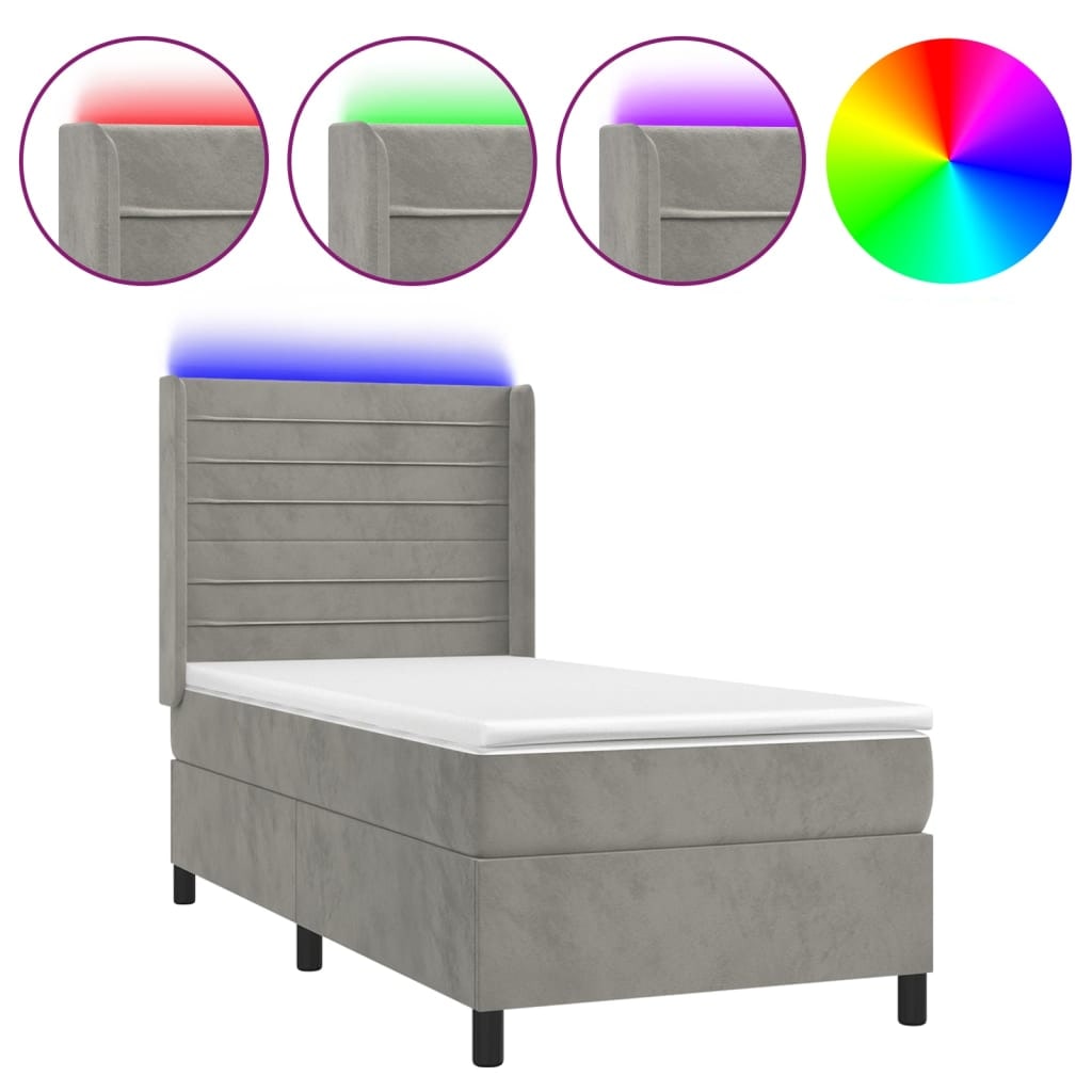 vidaXL Boxspringbett mit Matratze & LED Hellgrau 90x200 cm Samt