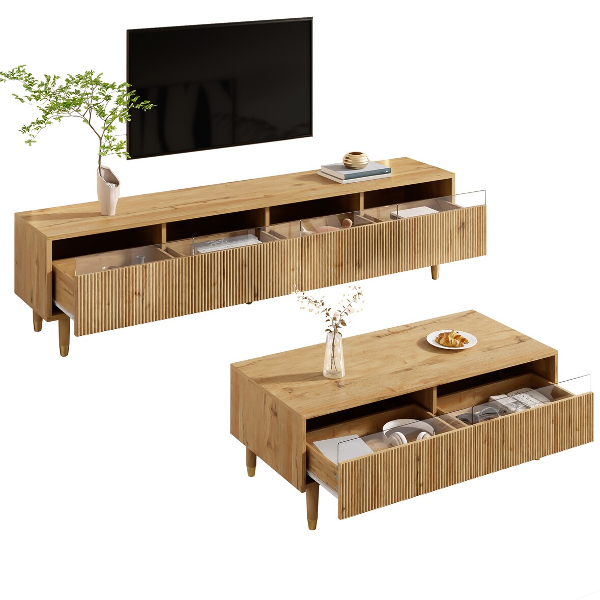 Wohnzimmermöbel-Set mit LED, TV-Schrank 4 Türen & Couchtisch 2 Schubladen, Acrylfronten 3D-Wellenstruktur, viel Stauraum, Holzfarben-Gold