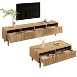 thumbnail of Wohnzimmermöbel-Set mit LED, TV-Schrank 4 Türen & Couchtisch 2 Schubladen, Acrylfronten 3D-Wellenstruktur, viel Stauraum, Holzfarben-Gold