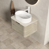 thumbnail of Waschtisch 50x60x46 Ovales Keramikbecken Travertin Sinterstein Soft-Close Schublade Badmöbel Schrank Beige+Off White+Weiß