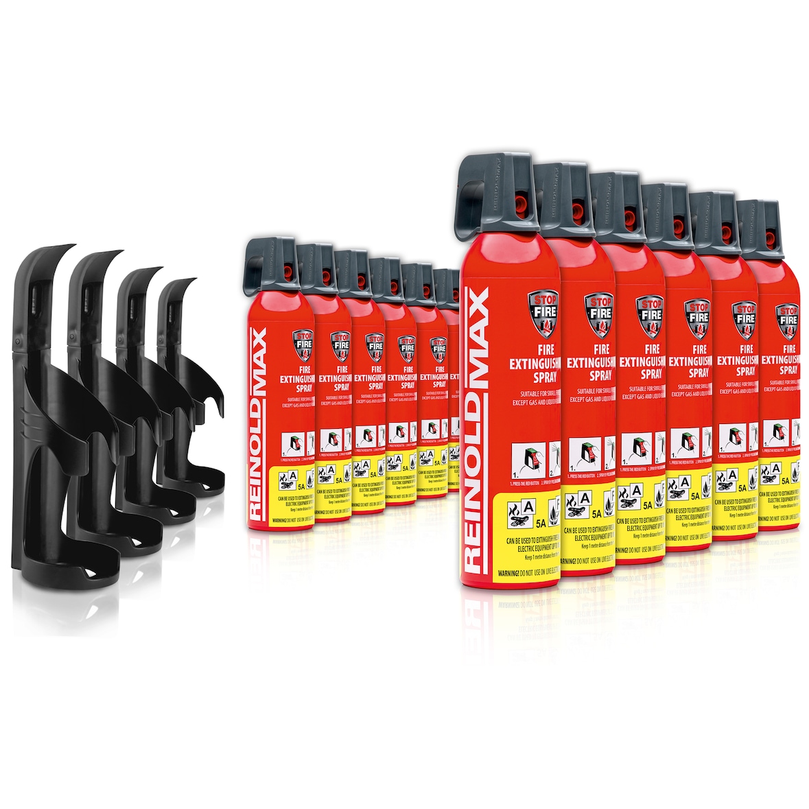 XENOTEC Premium Feuerlöschspray–12 x 750ml – Wandhalter - Stopfire – Autofeuerlöscher – REINOLDMAX – inkl. 4 Wandhalterung schwarz – wiederverwendbar