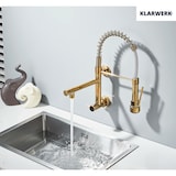 thumbnail of Björn | gastronomia grifo monomando de agua fría oro|grifo cocina profesional acero inoxidable dos rociadores|grifo fregadero doble restaurante pared