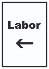 thumbnail of Labor Schild mit Text und Richtungspfeil links untersuchen forschen hochkant A6 (105x148mm)