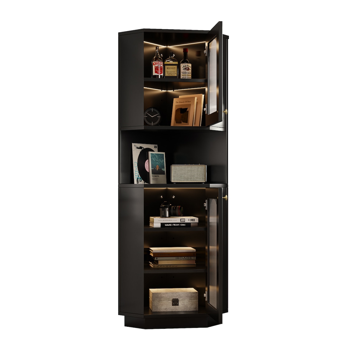 Badschrank Eckschrank Schwarz 167x45x45 cm mit integrierter Lichtleiste Glastür offenen Fächern verstellbaren Einlegeböden Kippschutz MDF