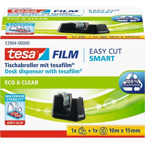 TESA Dévidoir Easy Cut SMART Noir + 1 rouleau eco & clear 10 m x 15 mm