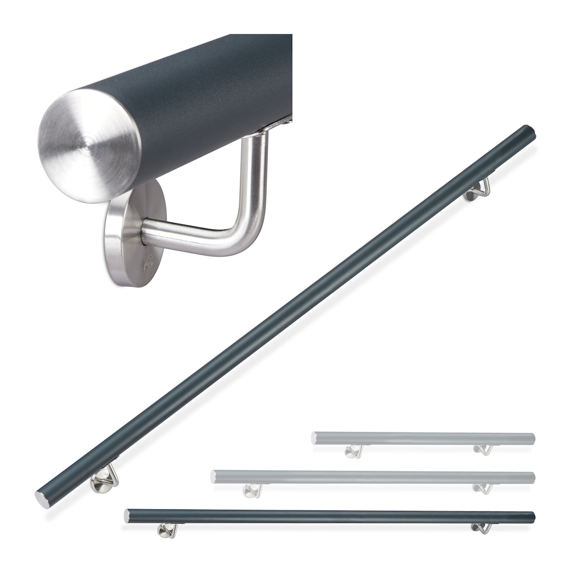 Relaxdays Handlauf Aluminium, rund, Treppengeländer innen & außen, matt, 200 cm, Ø 42mm, mit Wandhalterung, anthrazit