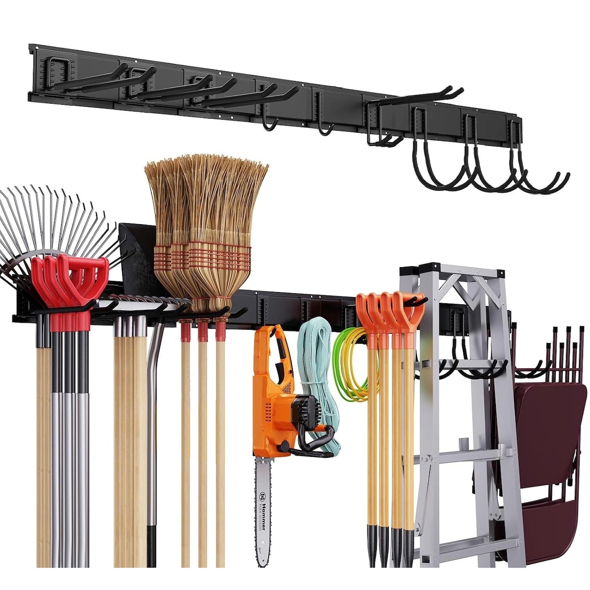 TOJ Living Werkzeughalter – 3 Schienen + 9 Haken – 120 cm – Metall – matt schwarz – Besenhalter