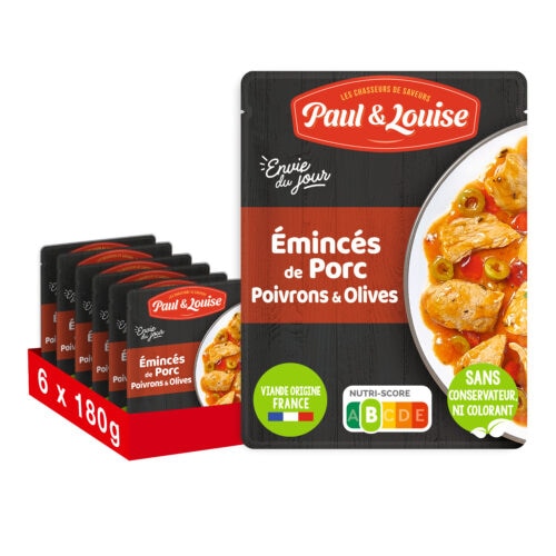 Paul & Louise Envie Du Jour - Emincés de porc, poivrons & olives 180g - Sachet micro ondable - Prêt en 2 min - Lot de 6