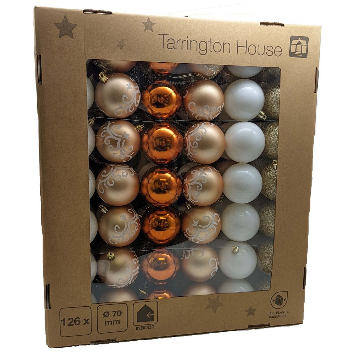 Tarrington House Weihnachtsbaumkugeln, Kunststoff, Ø 7cm, glänzend, matt und glitzernd, naturfarben, 126 Stück