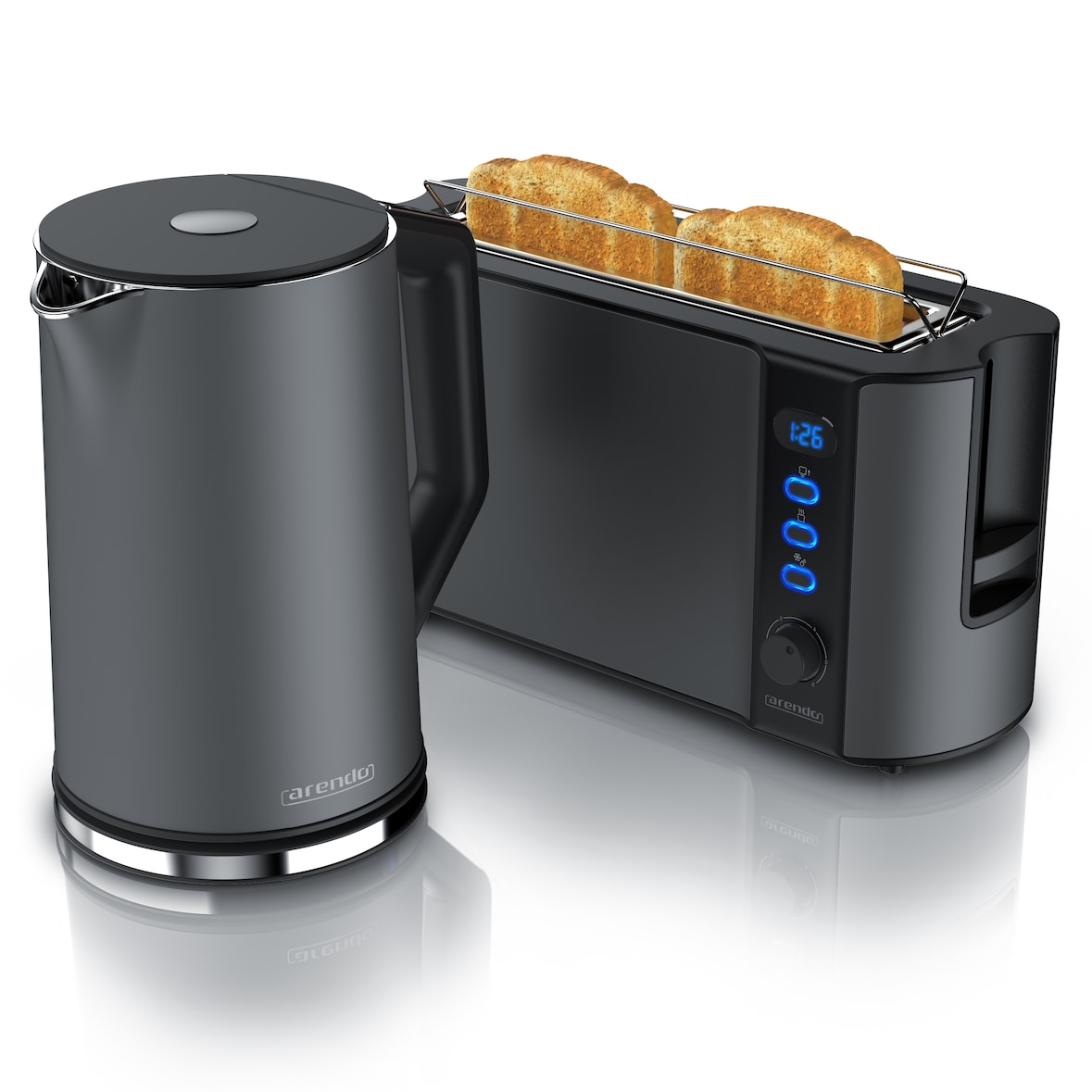 Arendo Frühstücks-Set, 1,5L Edelstahl Wasserkocher & 2-Scheiben Langschlitz Toaster, Grau