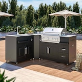 thumbnail of Cocina metálica exterior con 3 módulos, fregadero y barbacoa.