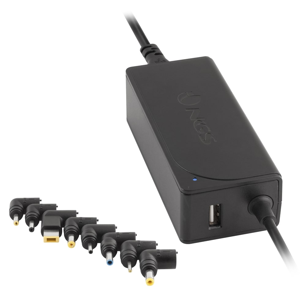 NGS W-90 - Cargador Universal Automático 90 W para Ordenador Portátil,Salida USB 5V-2A y 9 Adaptadores Compatibles con HP, DELL, ASUS, Lenovo, Acer