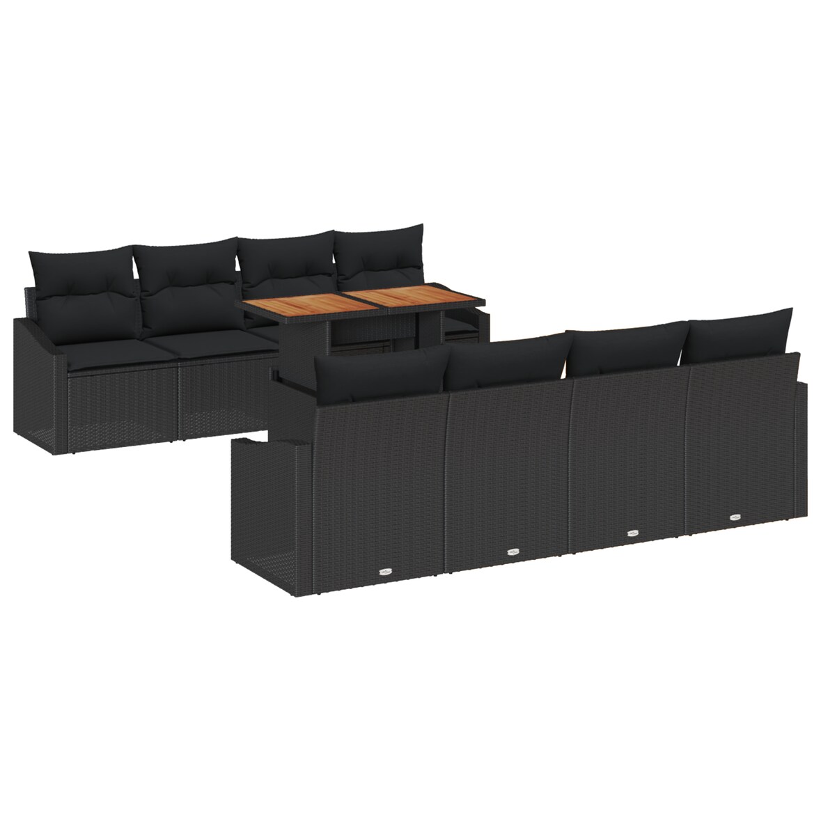 vidaXL 9-teiliges Gartenset mit Kissen aus schwarzem Poly-Rattan und Akazie