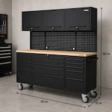 thumbnail of Werkplaatswerkbank op wielen 3-deurs kast 182 x 51 x 186 cm 15 laden met remmen - Houten werkblad 500kg draagvermogen VITO