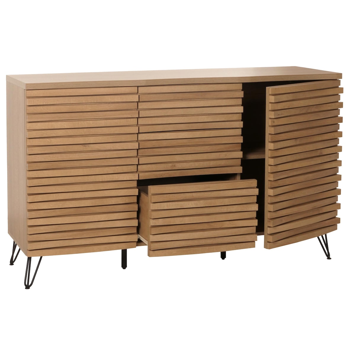 Credenza HWC-M49, credenza cassettiera alta, design 3D vani portaoggetti, legno massiccio mango metallo 85x142x44cm ~ naturale