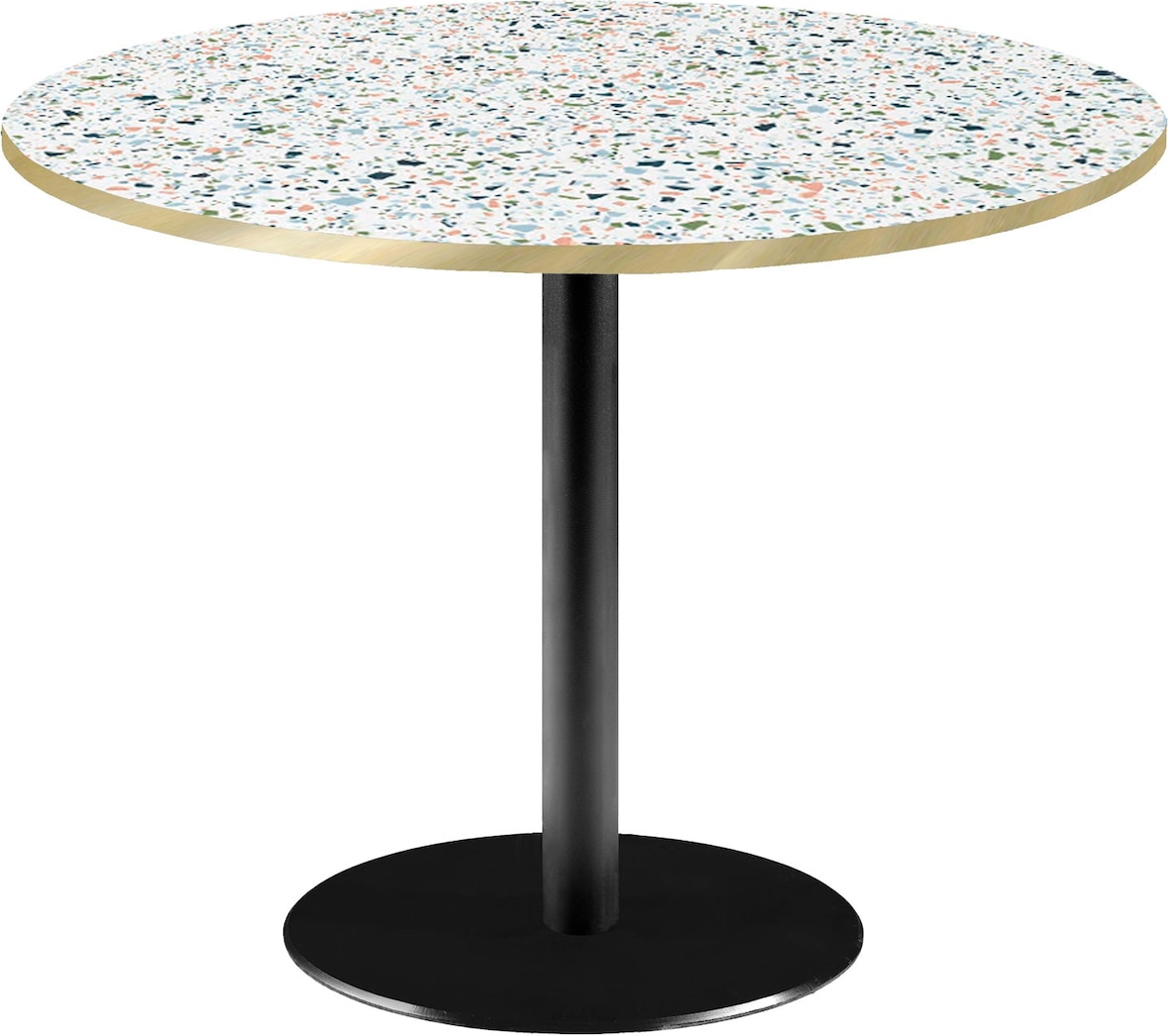 RestooTab - Tisch Rome XL Ø120cm Dekor Terrazzo spectra chip Kanten messingfarben