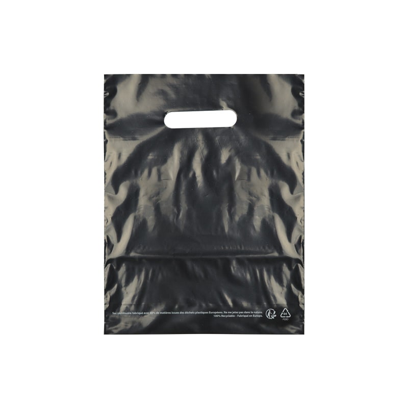 Schwarze Plastiktasche ausgeschnittene Griffe aus recyceltem LDPE 25 x 32 cm pro 1000 - Gimex