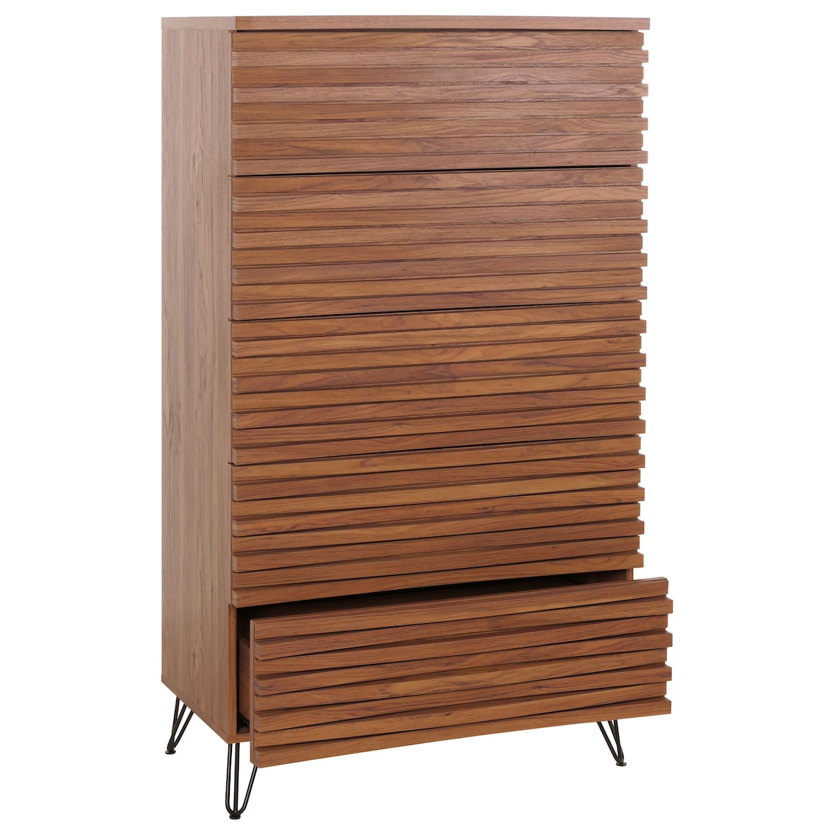 Ladekast HWC-M49, highboard kast, 3D design 5 laden massief hout mangometaal 145x80x44cm ~ walnoot look