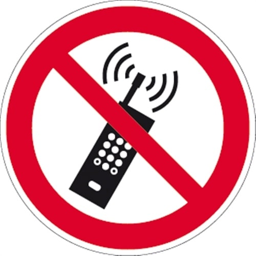 Schild Eingeschaltete Mobiltelefone verboten ISO 7010, Alu, Ø 315 mm