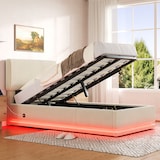 thumbnail of Merax Einzelbett 90x200, Polsterbett mit LED & USB-C, höhenverstellbarem Kopfteil & Unterbett-Stauraum, Cord, Beige