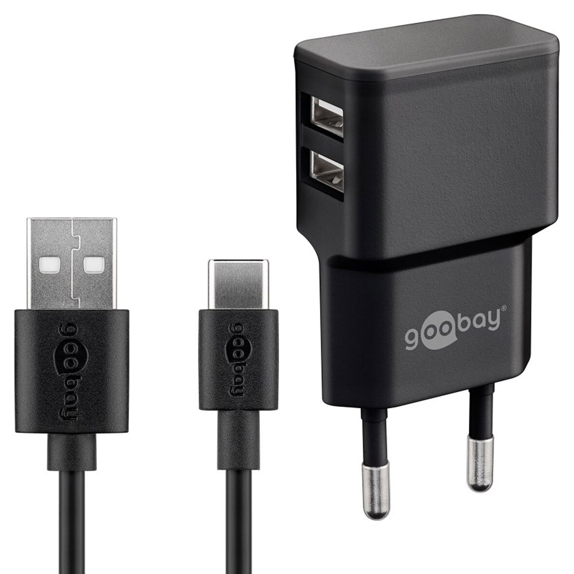 Dual Ladeset 2,4 A, Netzteil mit 2x USB-Ausgang inklusive USB-Ladekabel, schwarz USB-C
