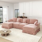 thumbnail of Modulares U-förmiges 4-Sitzer Sofa Chenille 93x350x140 cm Rosa mit abnehmbaren Rüschen und flexiblem Hocker