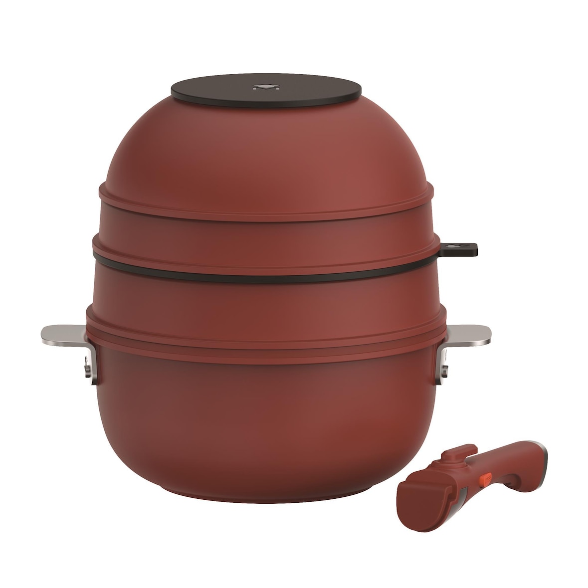 Masterpro Share & Play - 10-teiliges stapelbares Kochgeschirrset aus Aluminiumguss mit abnehmbarem Griff und roter Keramikbeschichtung