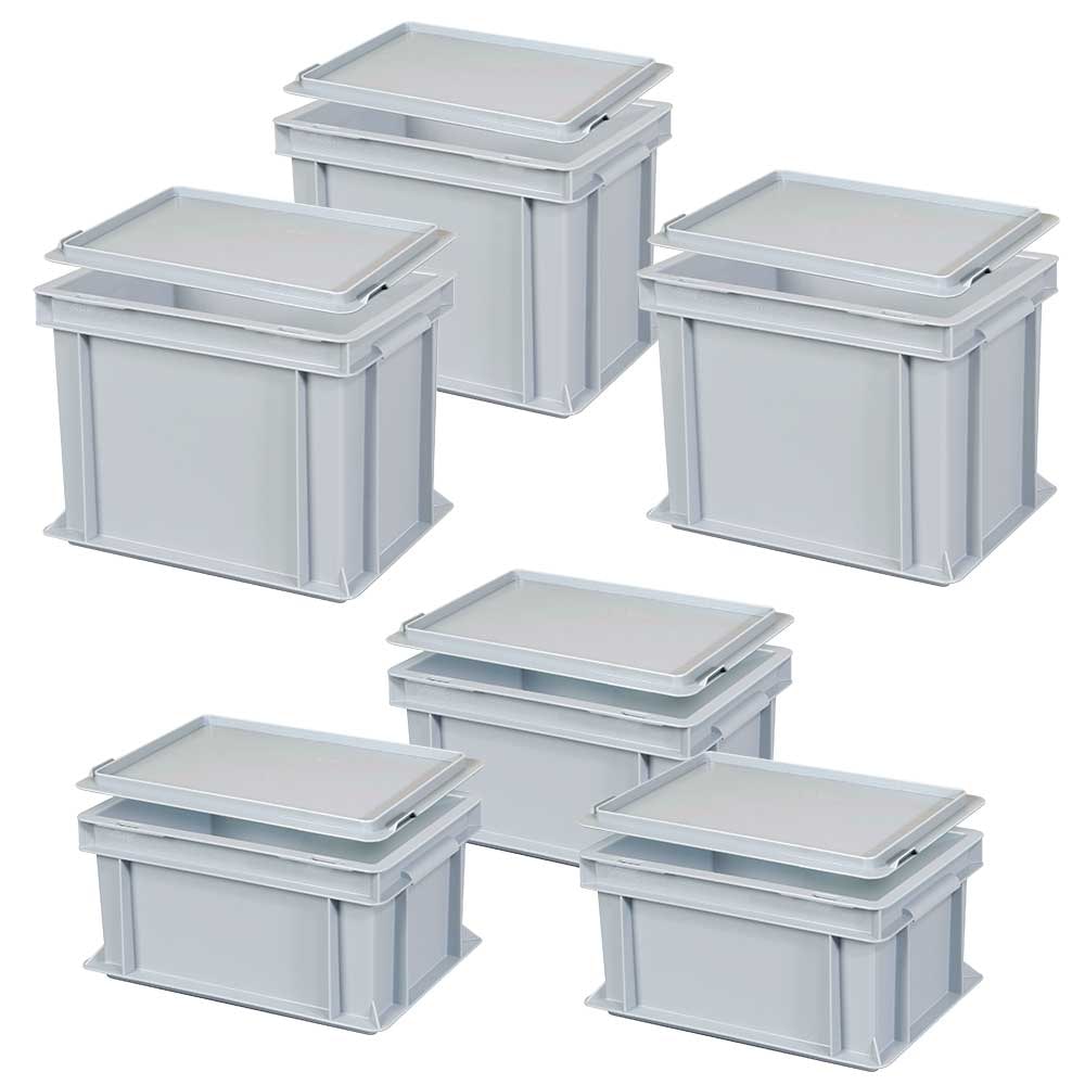 Set, 6 Euroboxen mit Deckel, Industriequalität, 3x LxBxH 300 x 200 x 150 mm, 3x 300 x 200 x 220 mm, grau