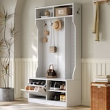 thumbnail of Flurgarderobe Komplett-Set 100x40x185,5 cm mit gepolsterter Sitzbank, Flip-Top Schuhschrank, 6 Haken, offener Stauraum, Garderobe, modern, Weiß