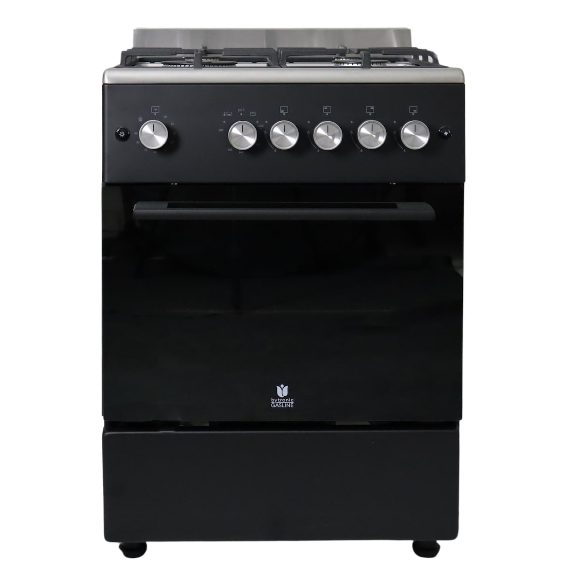 Gasline Gas Standherd SHGG6060FGWB 60cm schwarz/Edelstahl Gasbackofen mit Thermostat, 4 flammig WOK Brenner, Grill und Umluft Erdgas LPG