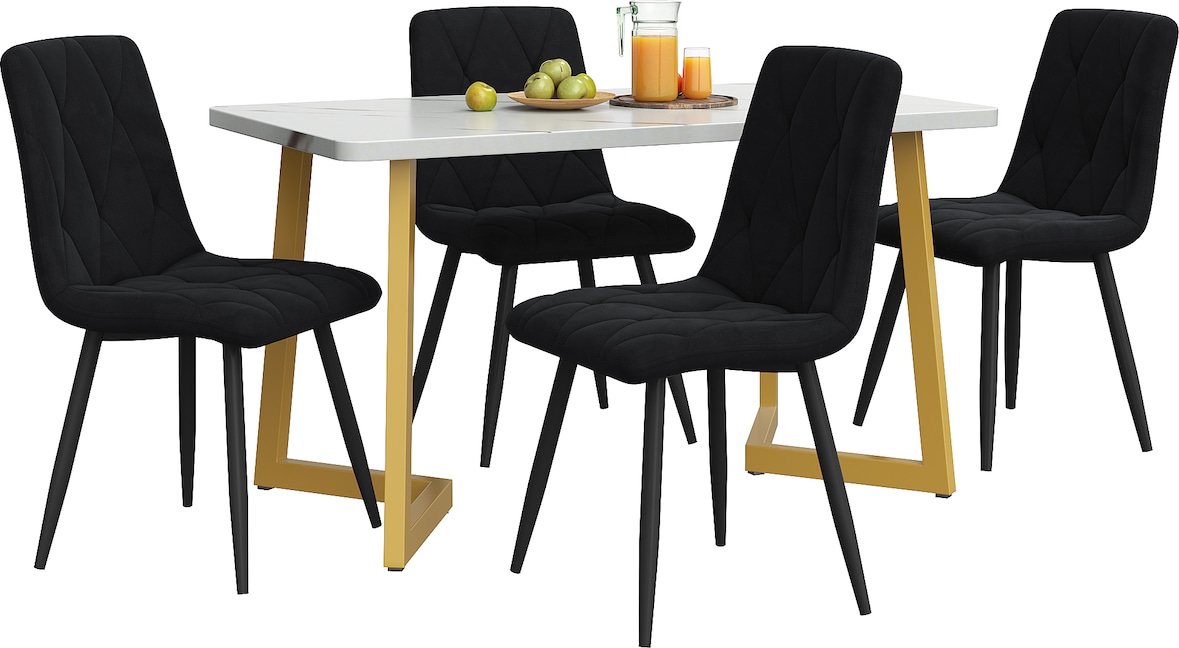 Essgruppe Set Esstisch rechteckig mit 4 Stühlen 75x117x68 cm Schwarz, MDF Tischplatte in Marmoroptik, Metallbeine Gold, moderner Küchentisch