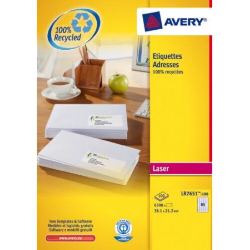 6500 étiquettes recyclées Laser blanches, format 38,1 x 21,2 mm (100 feuilles A4 / cdt)