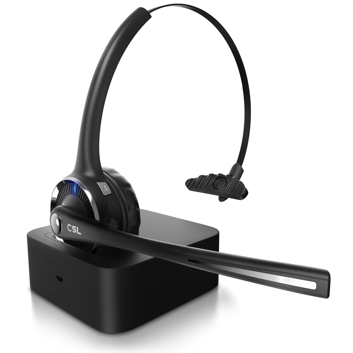 CSL Mono Bluetooth Headset mit Ladestation, Kopfhörer mit flexiblem Mikrofon, Multipoint, kabellos, leicht, freisprechen, Chat Callcenter Meeting