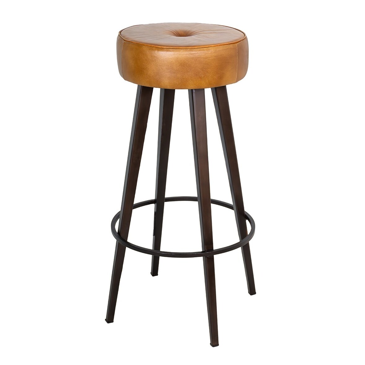 ANTICLINE - Tabouret de bar assise cuir de buffle et structure en fer, L 40cm x H 81 cm, assise  Ø33cm et épaisseur 10,5 cm, medium brown, repose-pied