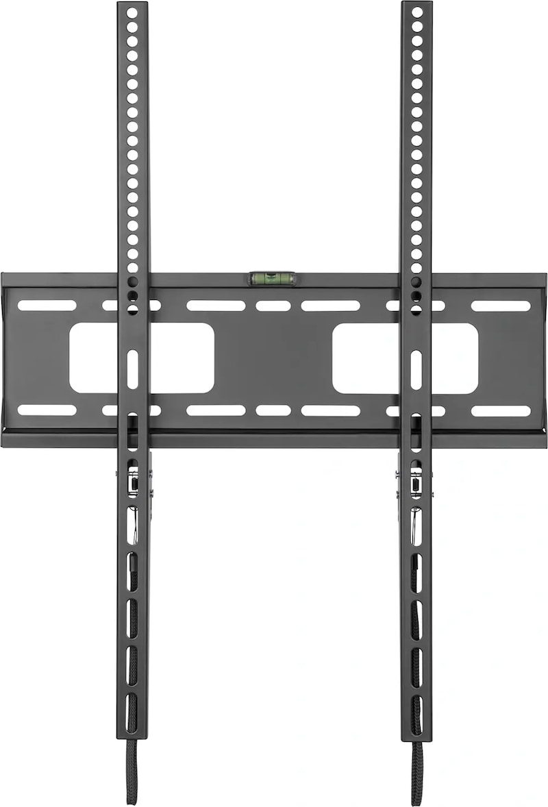 Un soporte de pared negro para TV con brazos ajustables.