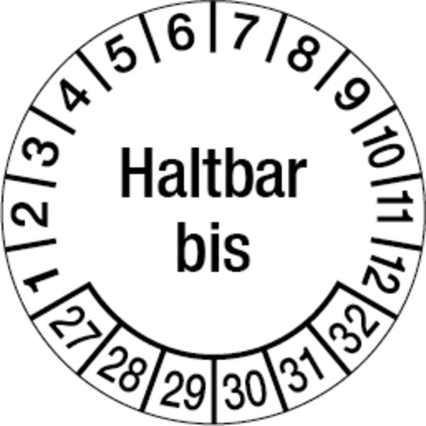 Prüfplakette ab 27, Haltbar bis, Ø 30 mm, Dokumentenfolie - Bogen = 10 Stück - 30 mm Dokumentenfolie selbstklebend