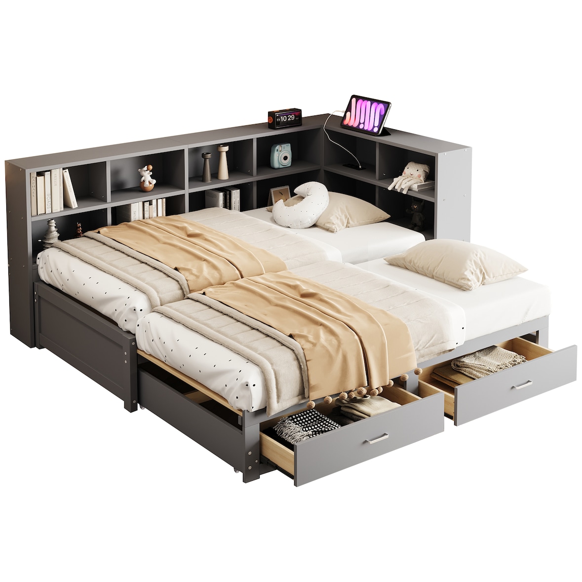 Schlafsofa 90/180 cm aus Massivholz mit ausziehbarem Bett, Stauraum, Steckdose – vielseitiges Design in Grau