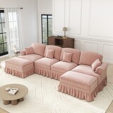 thumbnail of Modulares U-förmiges 4-Sitzer Sofa Chenille 93x350x140 cm Rosa mit abnehmbaren Rüschen und flexiblem Hocker