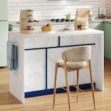 thumbnail of Kücheninsel 120x60x91 cm Blau mit Bartheke, integrierten Steckdosen und USB Anschlüssen, 2 Schubladen, 3 Türen und Marmoroptik Arbeitsplatte