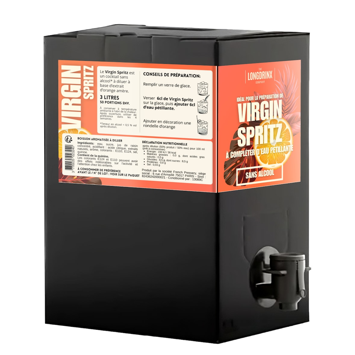LONGDRINX - Cocktail SPRITZ sans alcool à l'orange amère - SPRITZ MOCKTAILS CUBI 3 litres.