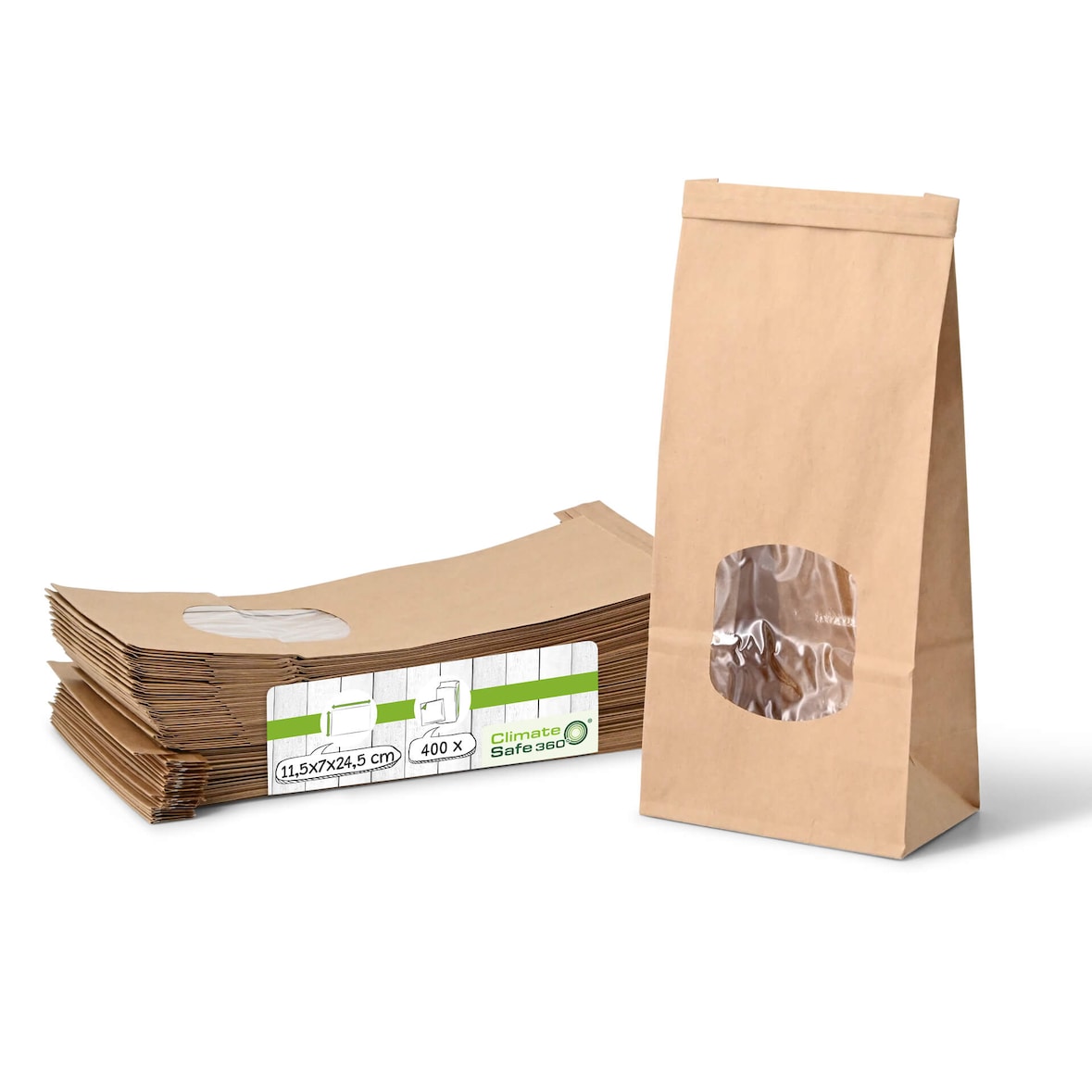 greenbox - Blockbeutel m. Fenster M, 11,5 x 7 x 24,5 cm, PP-Folie, braun, Clipband, Kraftpapier, 400 St.