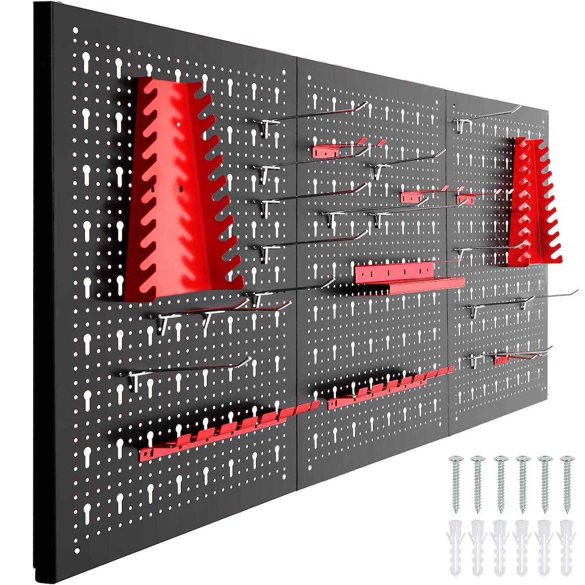 tectake Panneau perforé JONAH avec crochets et supports - Lot de 3 noir/rouge