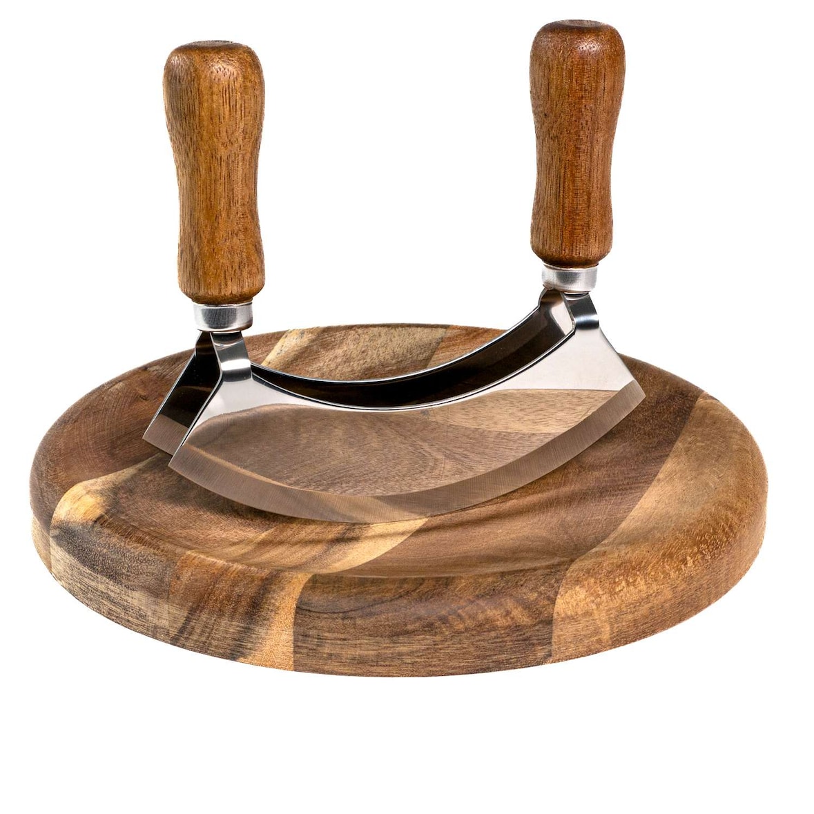 Intirilife Wiegemesser mit Schneidebrett - Kräutermesser 13.5 x 2.4 x 13 cm mit Kräuterbrett 20 x 2.1 cm - Mezzaluna Biegemesser mit 2 Klingen