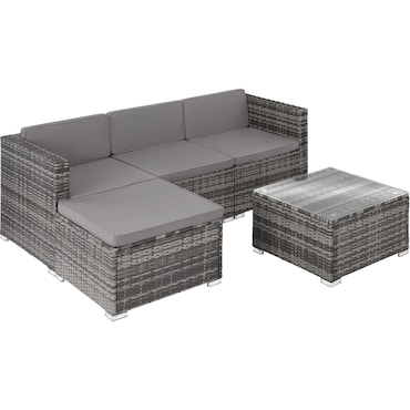 tectake Conjunto de móveis de rattan LIGNANO cinco peças, aço revestido a pó, fundas removíveis, 61x61x37,5 cm, cinzento