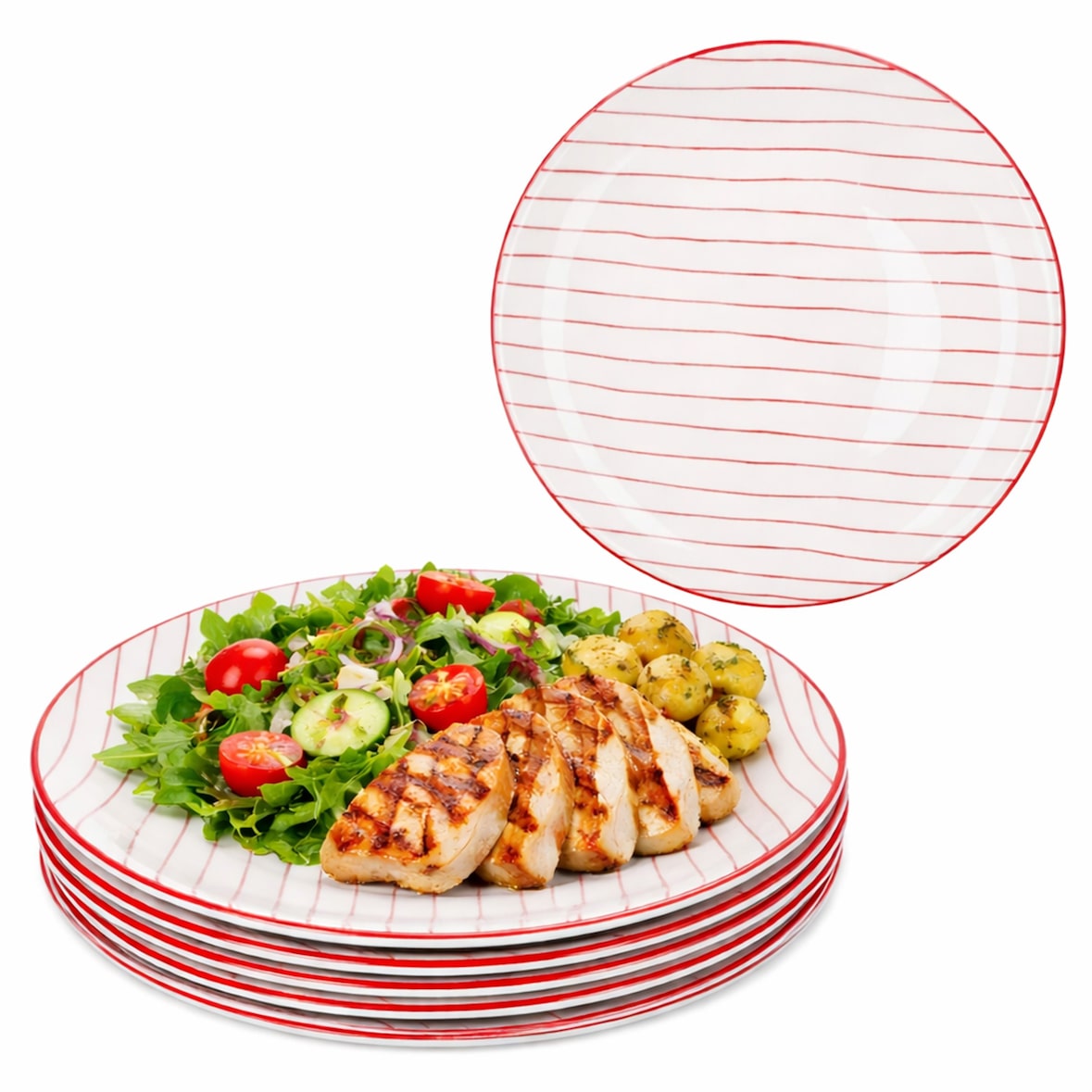 6er Set Speiseteller rot gestreift Steingut Ø25,2cm weiß Essteller groß Grillen
