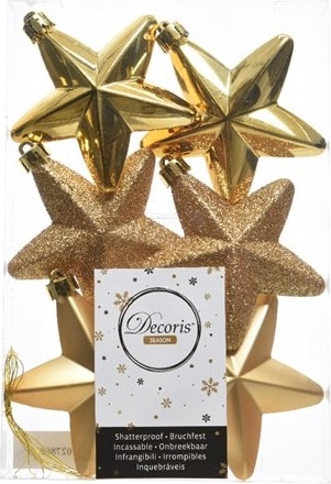 Sechs goldene Sterne als Baumschmuck.