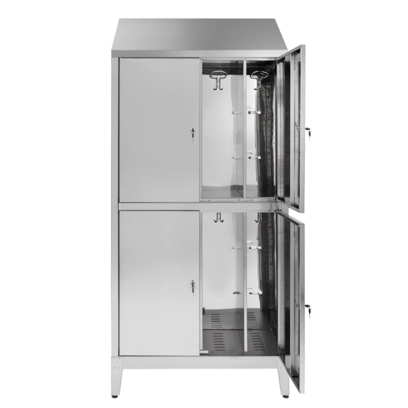 Armadio multispogliatoio in acciaio inox AISI 304 a 4 posti a 4 ante con tramezza sporco/pulito cm. 95x50x215h