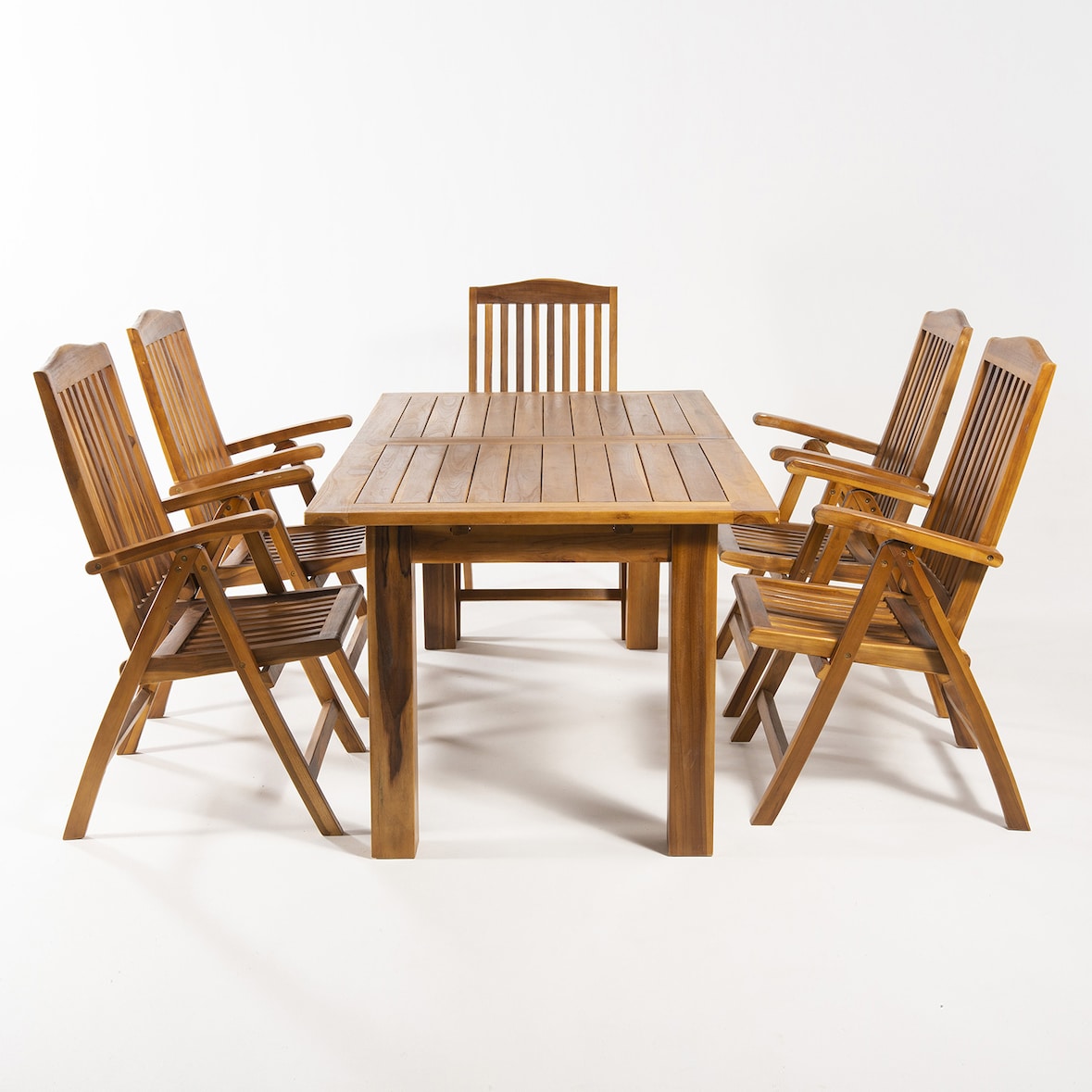 Conjunto de jardim. Mesa extensível de 180/240 cm de comprimento e 6 cadeiras reclináveis de madeira de teca de grau A