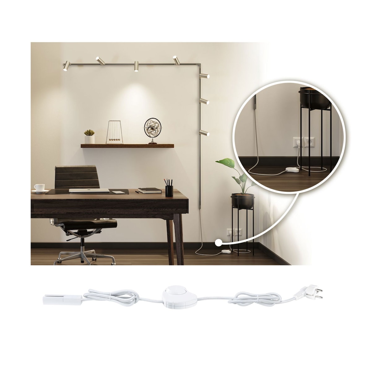 Paulmann URail Voeding Kabel met schakelaar   2m max. 1000W Chroom mat 95658